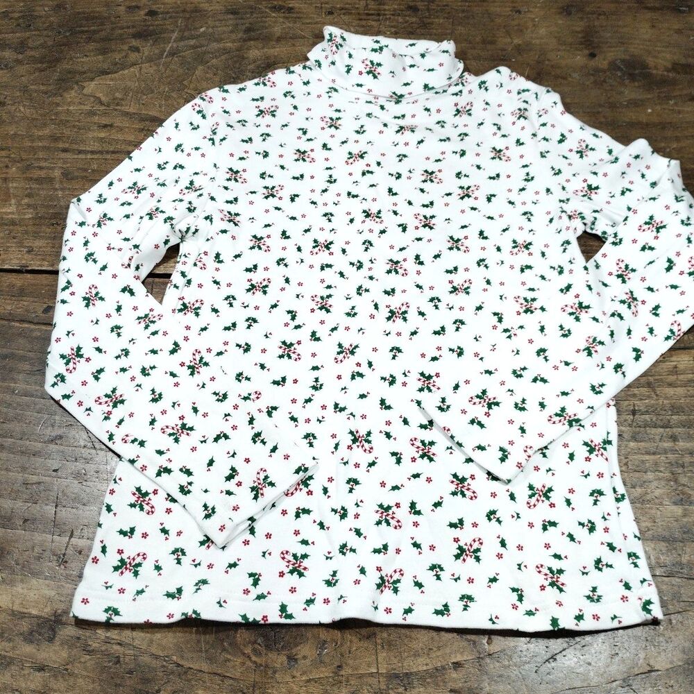 Vintage Holiday Edition Christmas White Turtleneck Womens Small Candy Cane Holly